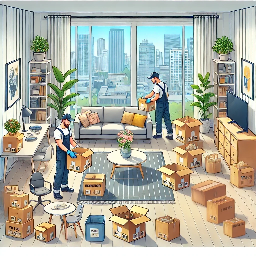 Débarras d’appartement à Douville 24140 : protection des parties communes et évacuation des meubles.